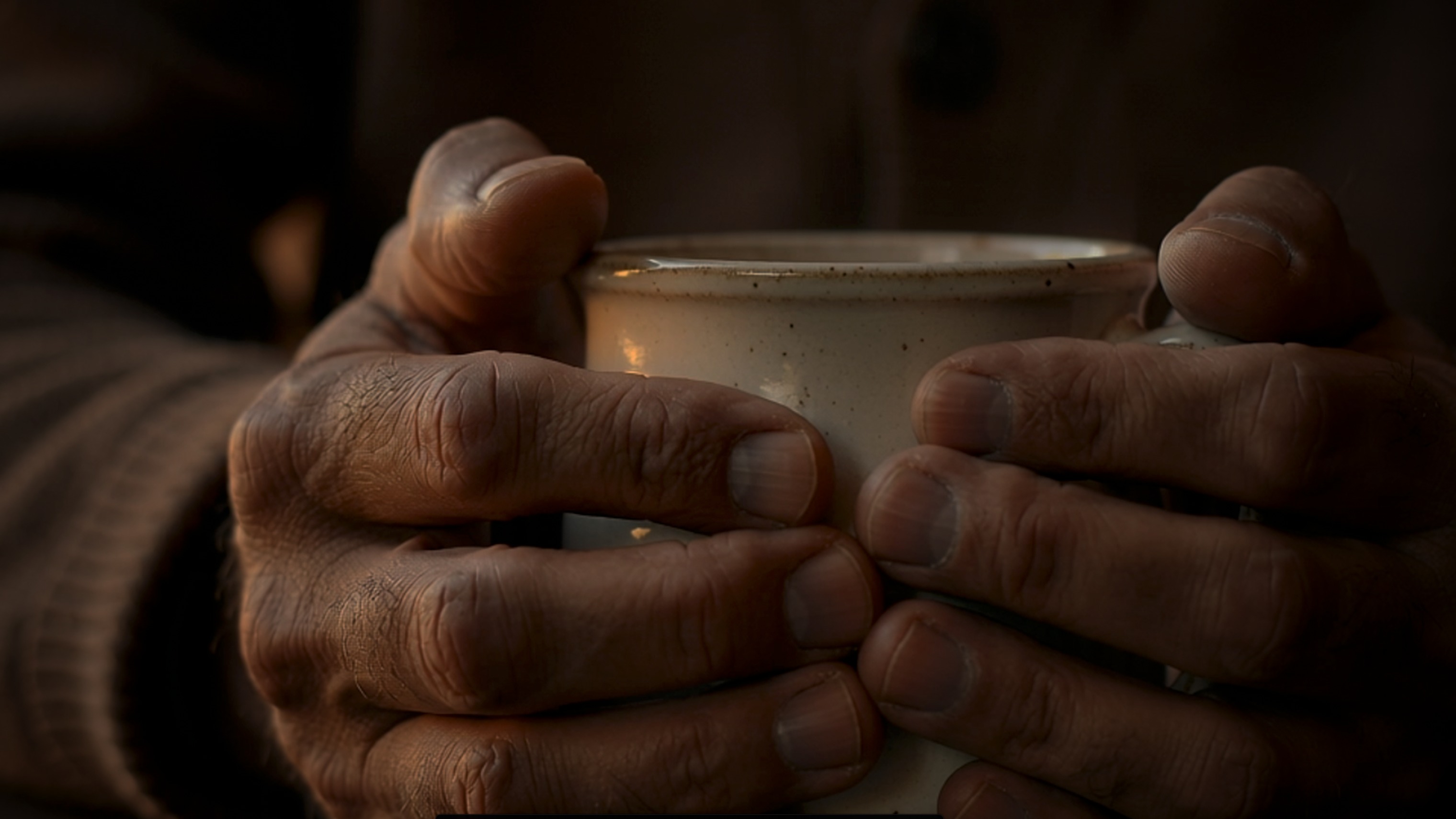 Weathered hands cradling a warm ceramic mug in soft golden light.