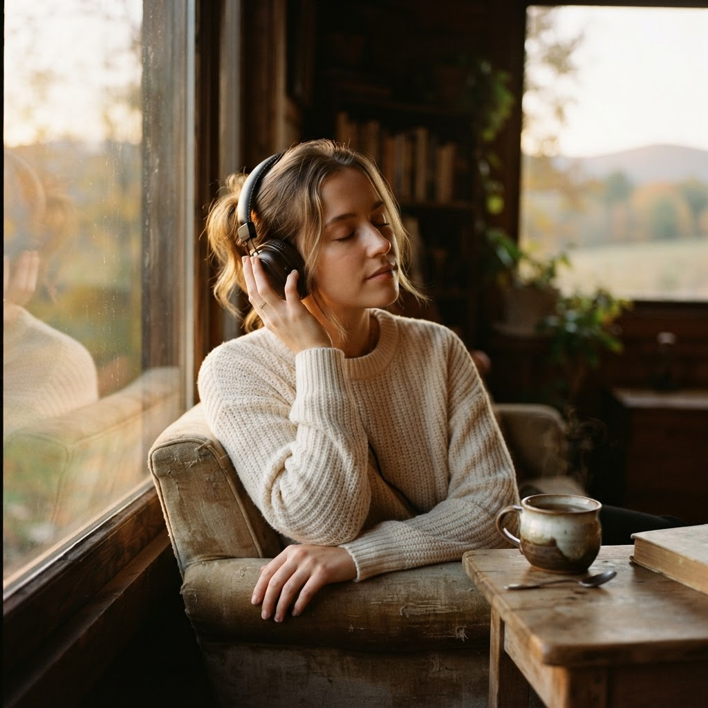 A person sitting by a window at golden hour, eyes closed, listening
