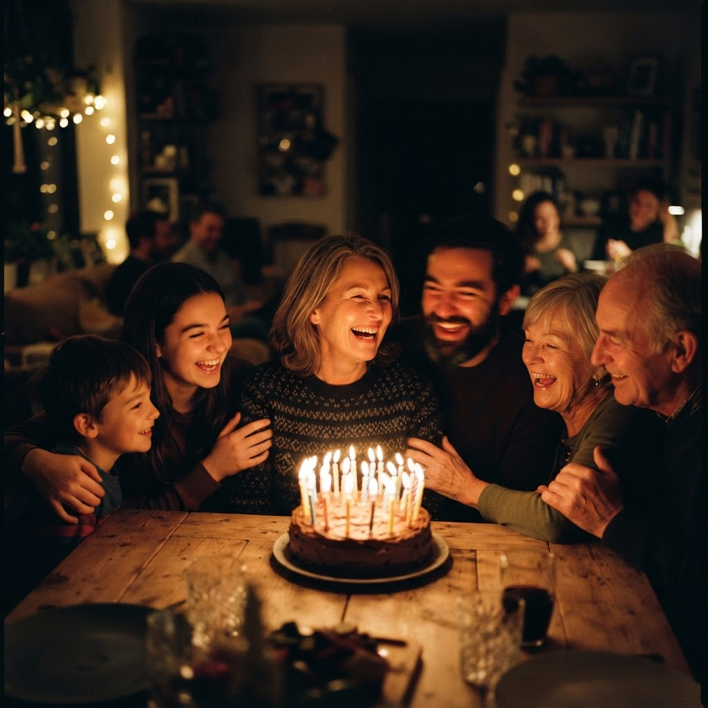 A family gathered around a cake lit by candlelight