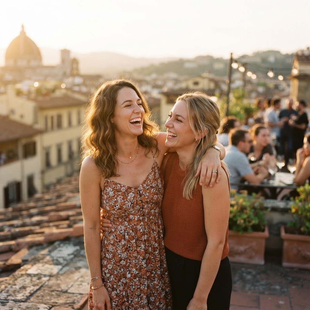 Two lifelong friends laughing together at golden hour