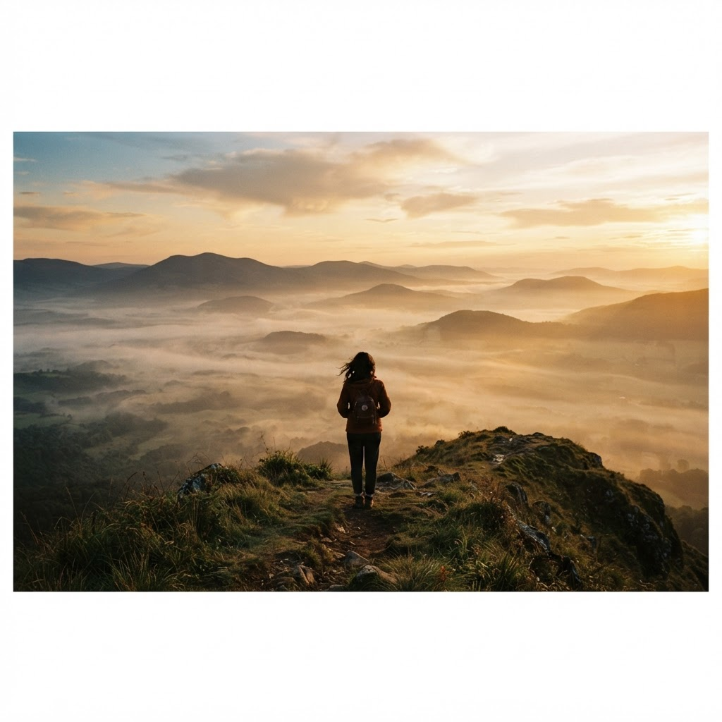 A lone figure looking over a misty golden valley at dawn