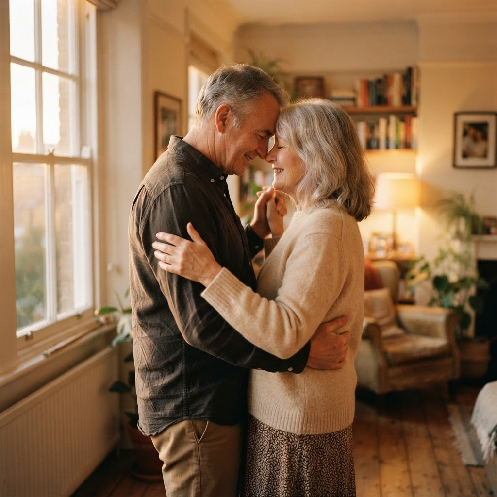 An older couple slow dancing in warm sunlight