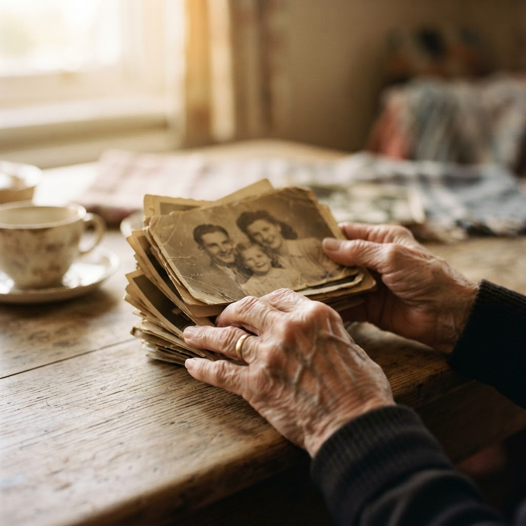 Weathered hands holding old family photographs