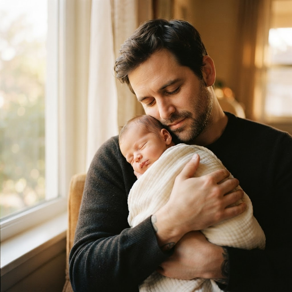 A father cradling his newborn baby by a warm window