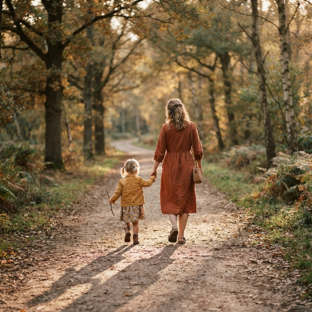 A mother and child walking hand in hand down a sunlit path